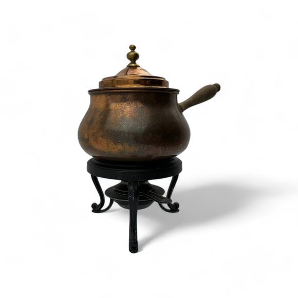 Vintage Copper Fondue Pot with Brass Accents and Stand - Made in Italy - Picture 2 of 16